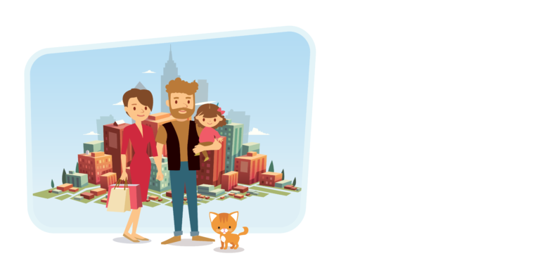 Image marketing « Votre vie parfaite », couple avec jeune fille et un chat devant le paysage urbain