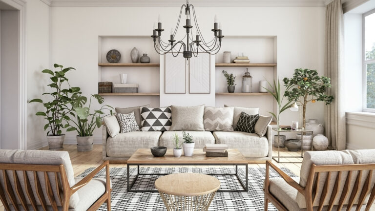 Salon de style scandinave avec meubles beiges et éléments en bois