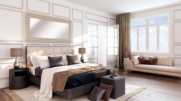 Une chambre à coucher moderne et luxueuse par une journée ensoleillée