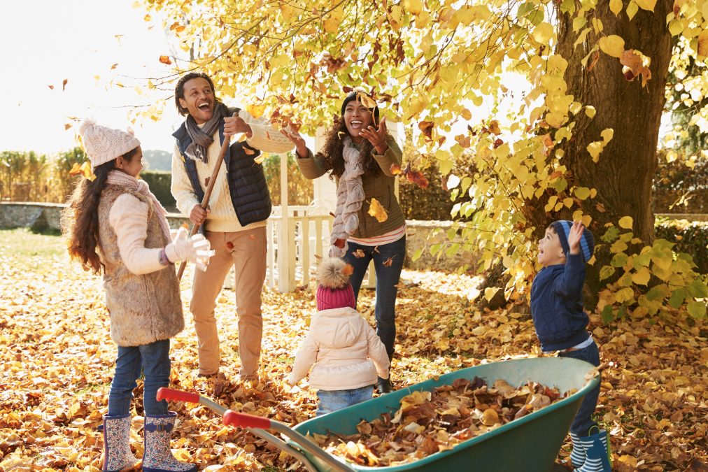 De jeunes enfants et leurs parents ramassent des feuilles d'automne dans le jardin
