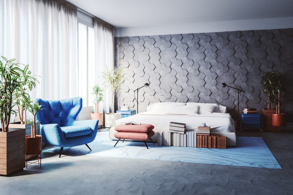 Chambre à coucher moderne bleue avec motif mural