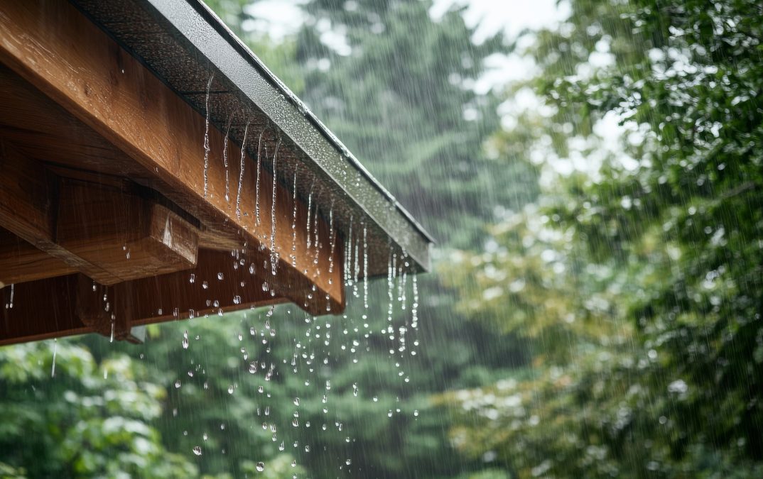 L'eau de pluie torrentielle déborde du toit en bardeaux de tuiles