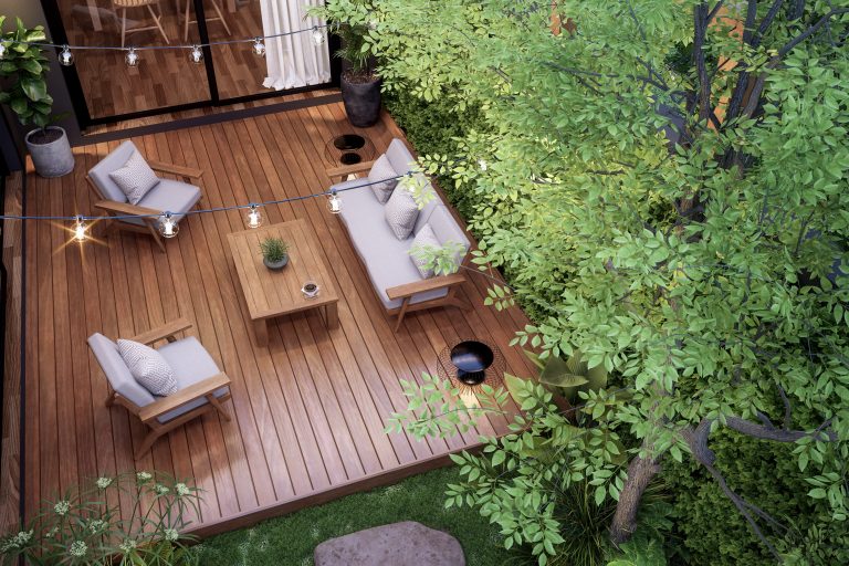 Aerial view of modern contemporary style small wooden terrace in lush garden