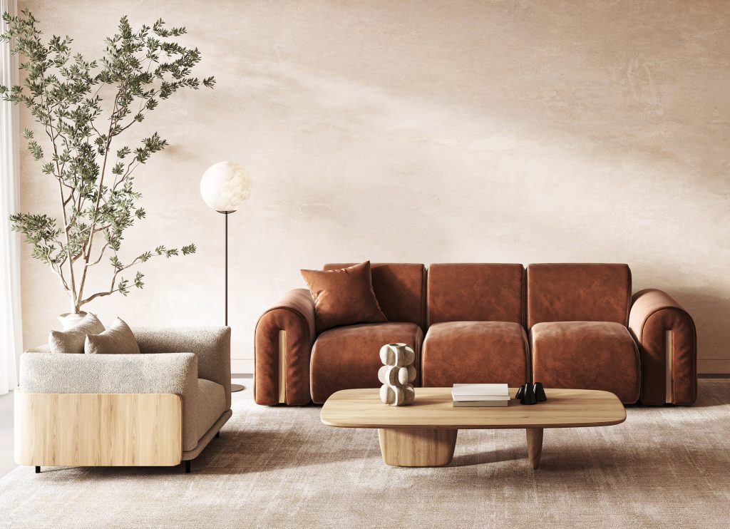Salon scandinave avec un luxueux canapé en velours de terre cuite, des meubles modernes en bois et un lampadaire chic pour une ambiance sophistiquée.