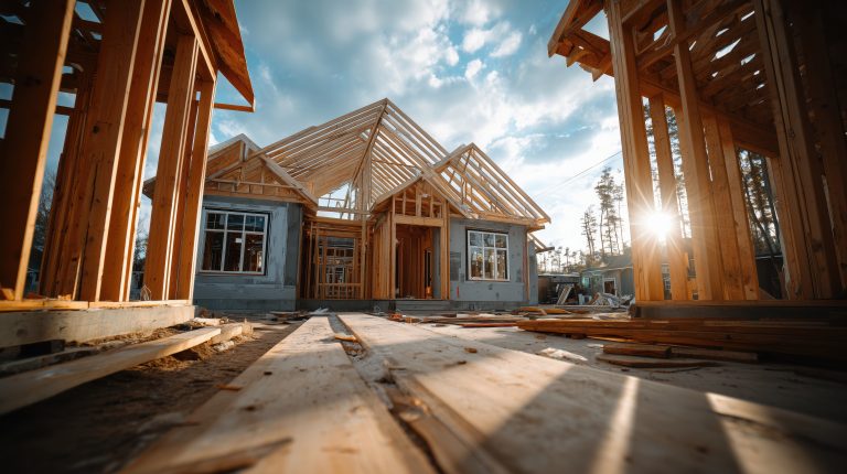 Nouvelle maison en construction avec charpente en bois et ciel dégagé
