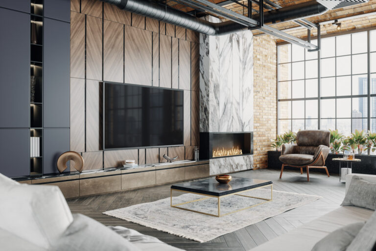 Un salon de style loft moderne dans un appartement de luxe