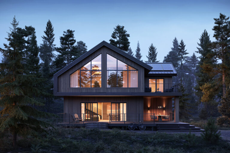 Une maison aux grandes fenêtres, entourée d'arbres, la nuit