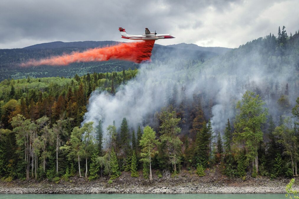 Un avion-citerne largue du produit ignifuge rouge au-dessus d'une forêt enfumée